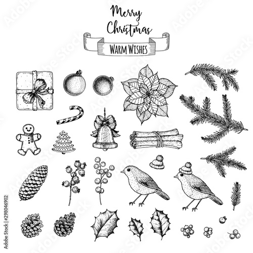 Christmas hand drawn elements for xmas design. Vintage Christmas design set. Linear graphic. New year vector illustration