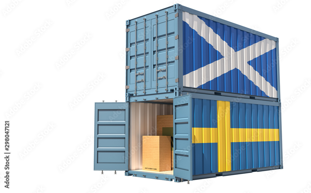Fototapeta premium Two freight container with Scotland and Sweden flag. Isolated on white - 3D Rendering