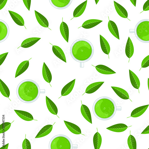 Seamless pattern with tea match cups and green leaves.