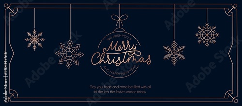 Merry Christmas and Happy New Year elegant banner template vector illustration. Postcard with frame line decorated by Xmas ball and snowflake symbol. Greeting card with wishes