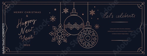 Lets celebrate Merry Christmas linear banner template vector illustration. Happy New Year greeting card with Xmas ball and snowflake in golden frame line. Winter poster with best wishes on holiday