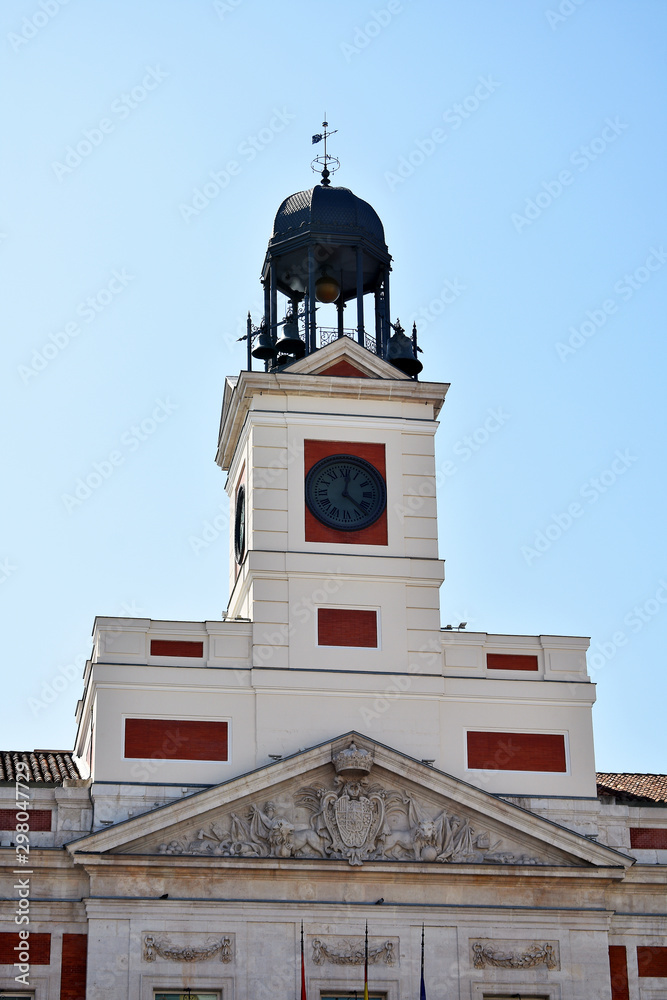 The Governorate clock is a tower clock placed in a temple above the post office at the Puerta del Sol in Madrid. Spain. Europe. Give the end of the year bells in Spain. September 17, 2019