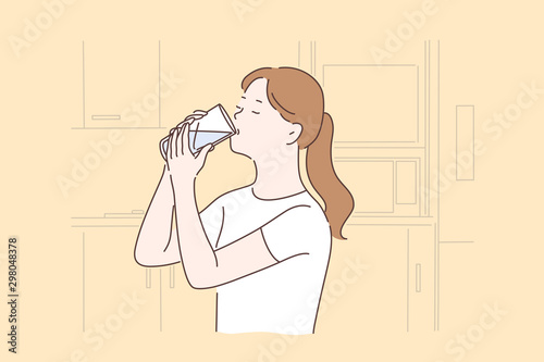 Healthy lifestyle, healthcare, diet concept. Young woman drinking thirst quenching. Thirsty girl holding glass with refreshment drink, teenager staying hydrated after training. Simple flat vector