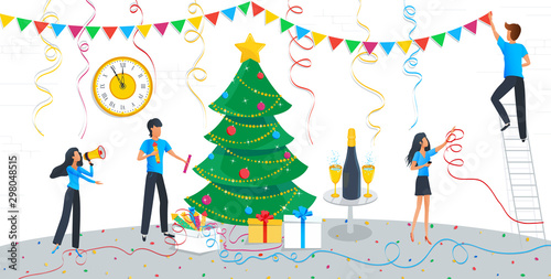 Greeting card for Merry Christmas and 2020 Happy New Year eve, group of business people are engaged in decoration of christmas tree. Champagne on the table, clock and garlands on the wall in office.