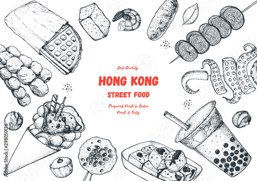 Hong kong street food frame. Chinese food menu design template. Engraved style illustration. Asian street food sketch. Vintage hand drawn sketch, vector illustration.