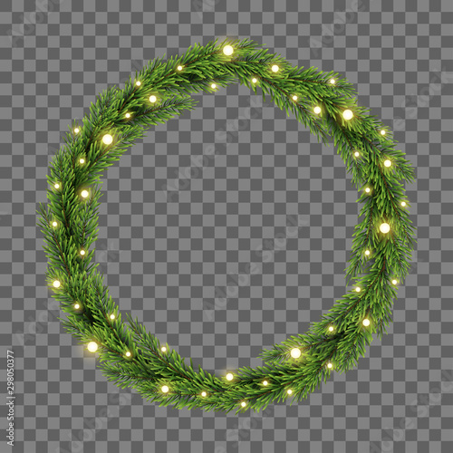 Christmas tree decor with fir branches and lights on transparent background, vector illustration