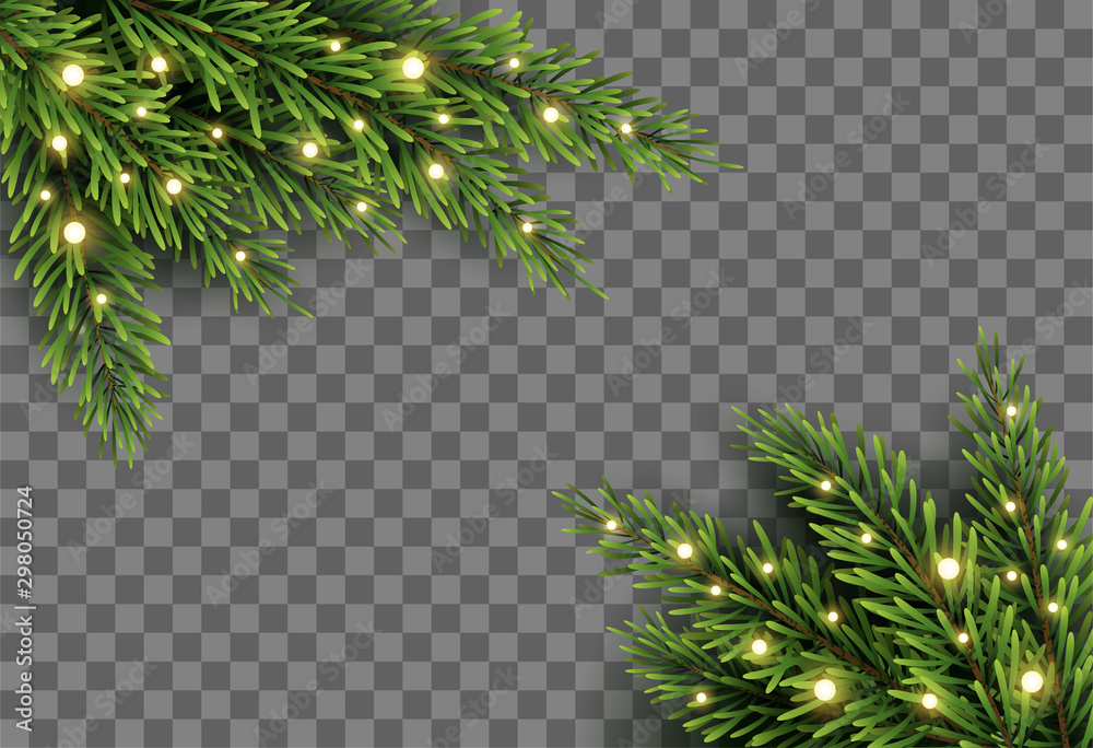 Christmas tree decor with fir branches and lights on transparent background, vector illustration - obrazy, fototapety, plakaty 