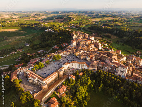Drone aerial view of Moncalvo Monferrato, unesco world heritage