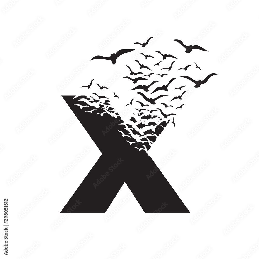 letter X with effect of destruction. Dispersion. Birds