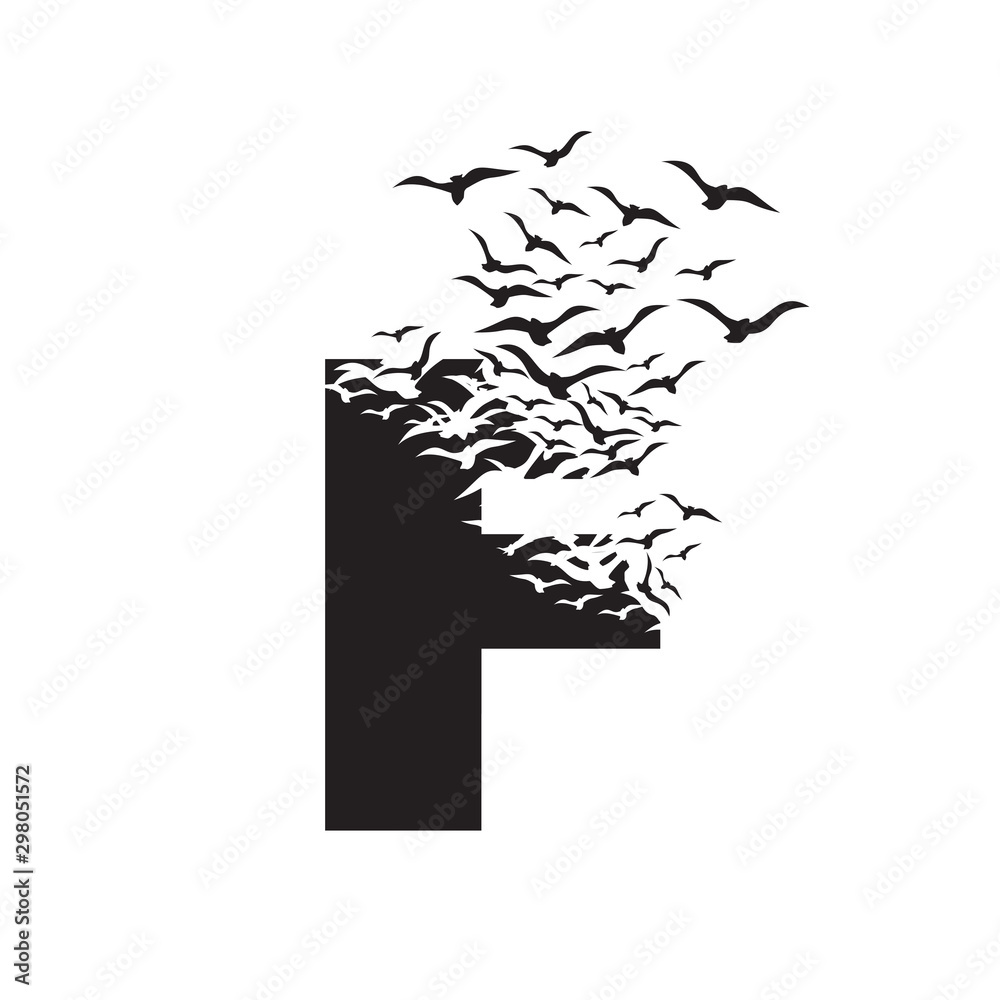 letter F with effect of destruction. Dispersion. Birds