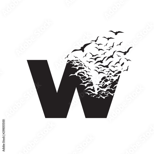 letter W with effect of destruction. Dispersion. Birds