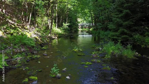 Drone low flight over small river in Harz National Park
