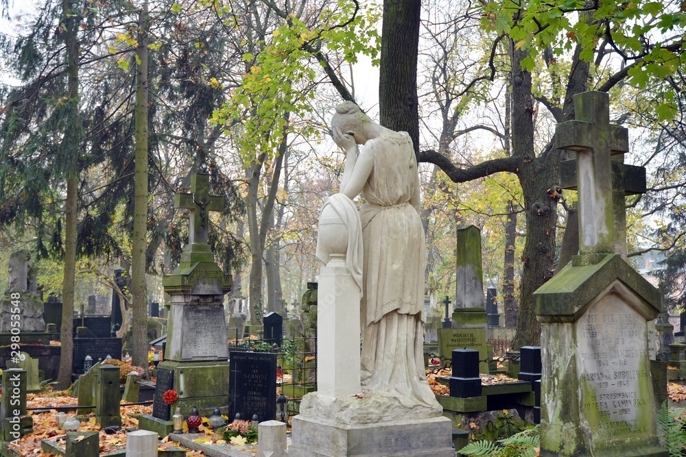 Fototapeta premium Tombstones and trees at the old cemetery.