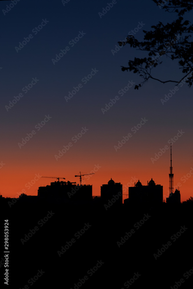 Silhouettes of urban knowledge against the backdrop of sunset or dawn in the city. Vertical image.