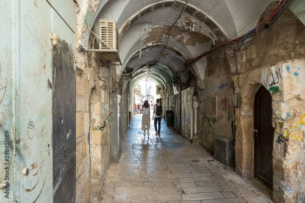 The Aqbat e Saraya street leading from the Gate of the Cotton Merchants on the Temple Mount in the Old City in Jerusalem, Israel