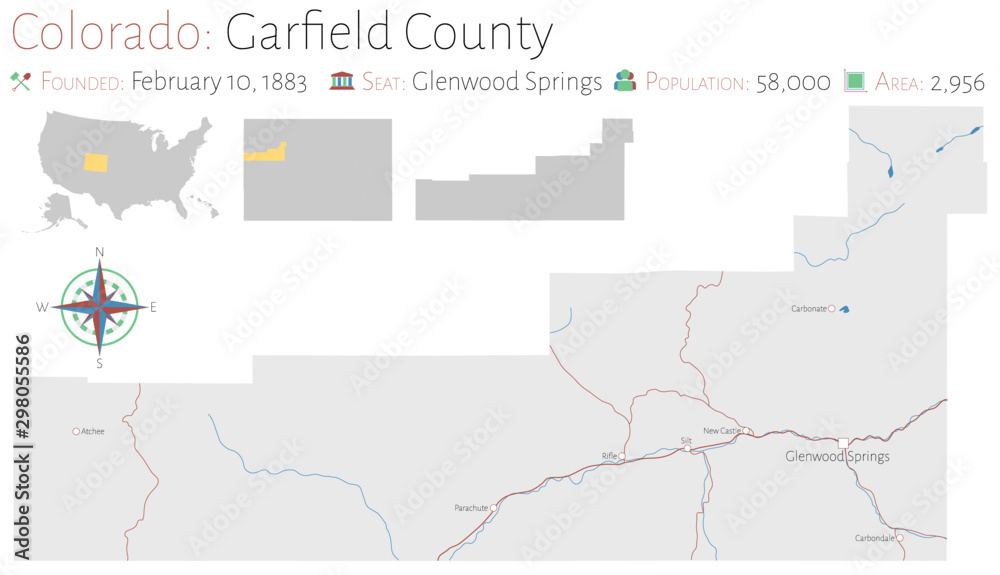 Large and detailed map of Garfield county in Colorado, USA