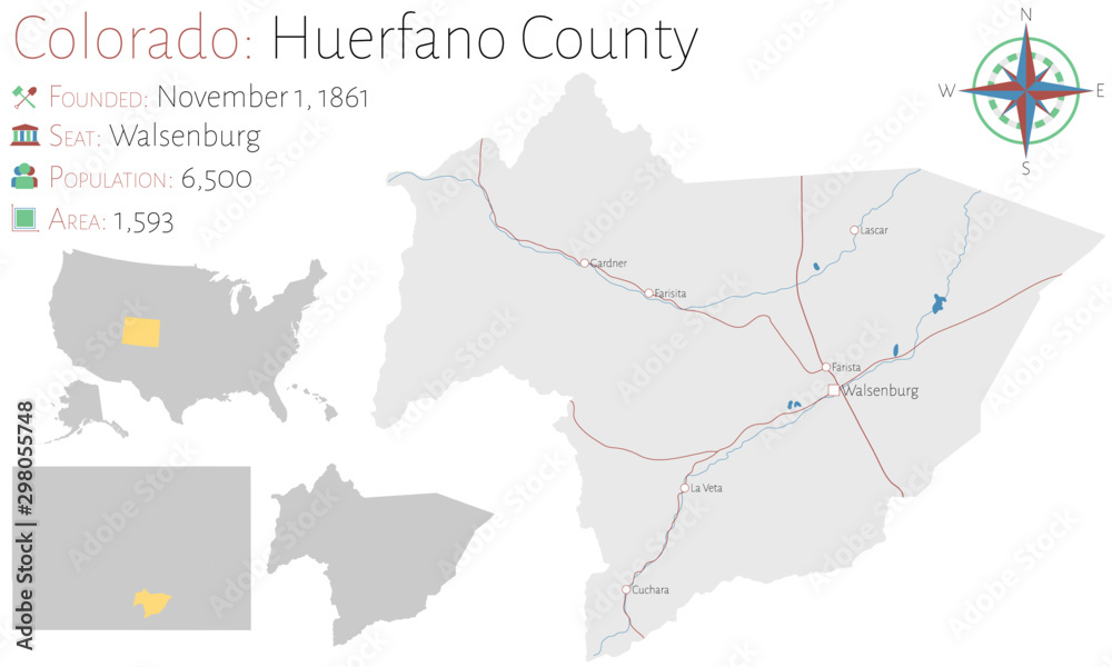 Large and detailed map of Huerfano county in Colorado, USA