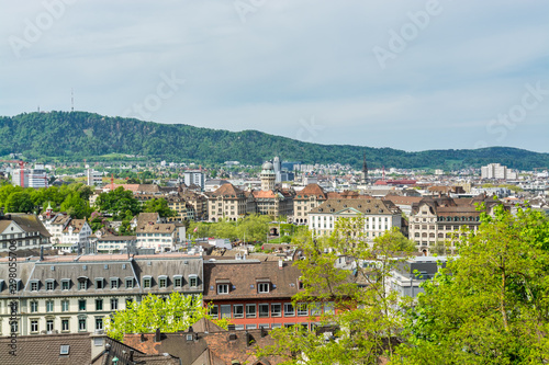 Panorama of city view of old downtown of Zurich city, with beautiful house at the bank of Limmat River of Switzerland, view from ZTH campus.