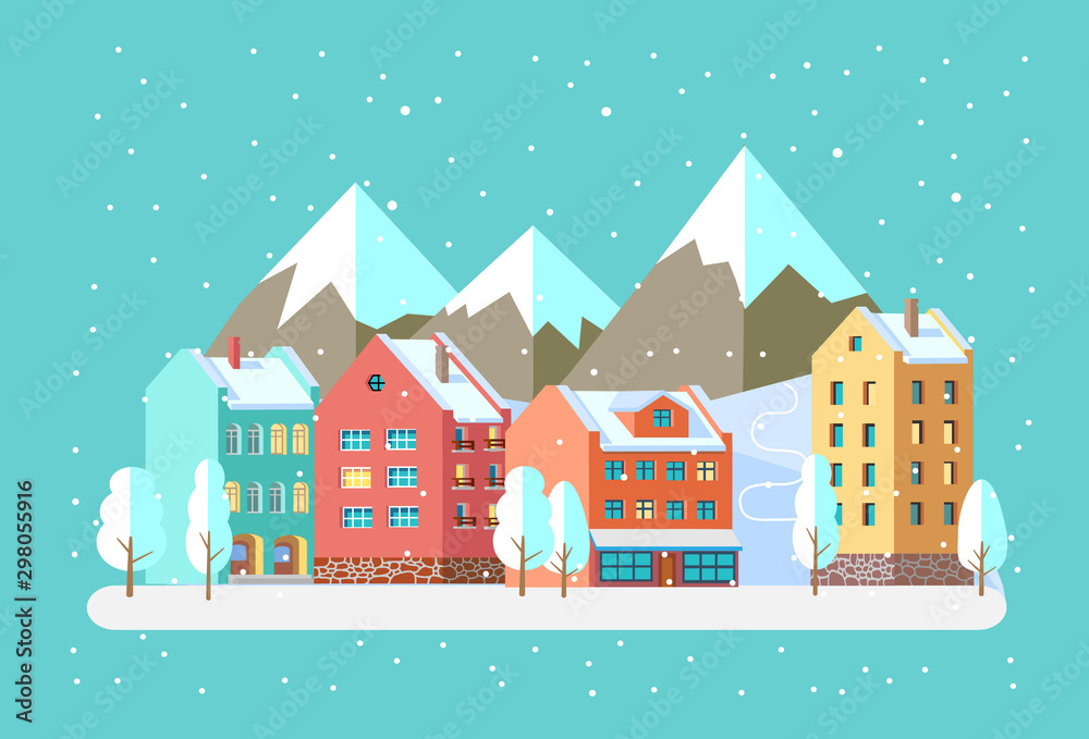 Vector flat illustration  of city in winter holidays on mountain backround