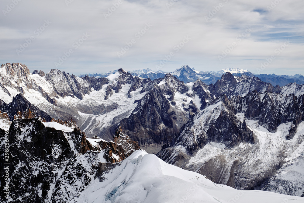 View from Aiguille du Midi mountain 3843 meters on The Mont Blanc massif.