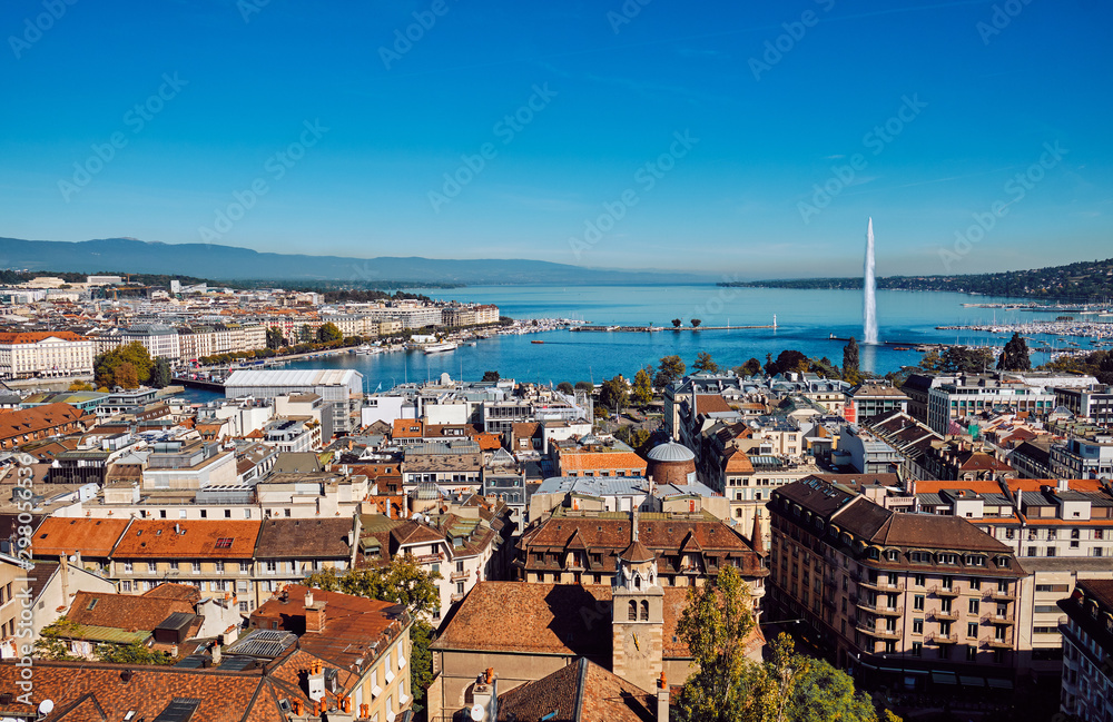 View of the center of Geneva from the Geneva Cathedral.