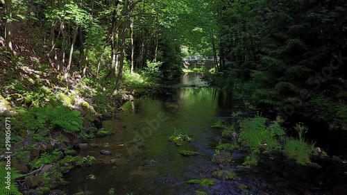 Drone low flight over small river in Harz National Park