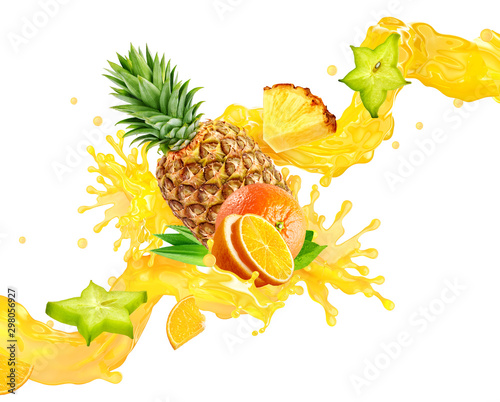 Orange, pineapple fruit juices liquid 3D splash vitamin mix. Healthy fruits juice or smoothie splash label ad banner design with orange, pineapple fruits and citrus juice splash wave isolated on white