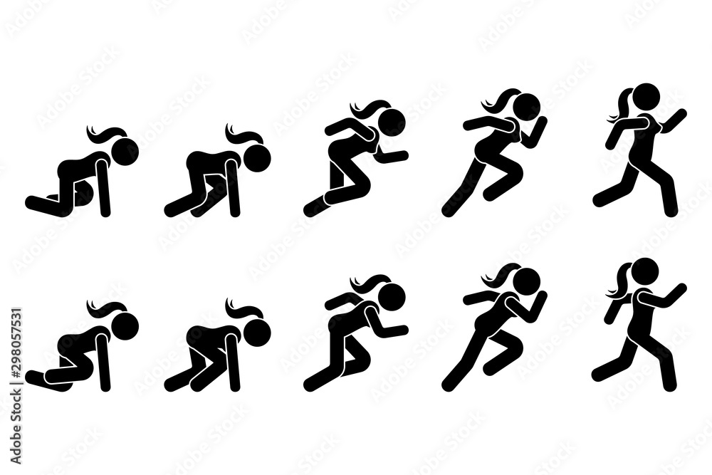 Stick figure runner sprinter sequence icon vector pictogram. Low start speeding woman sign symbol posture silhouette on white background
