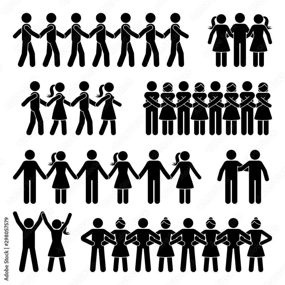 Stick figure chain people holding hands vector icon pictogram set. Man and woman team support group posture silhouette on white background