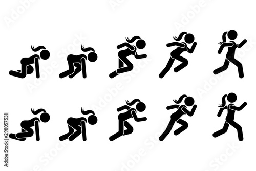 Stick figure runner sprinter sequence icon vector pictogram. Low start speeding woman sign symbol posture silhouette on white background