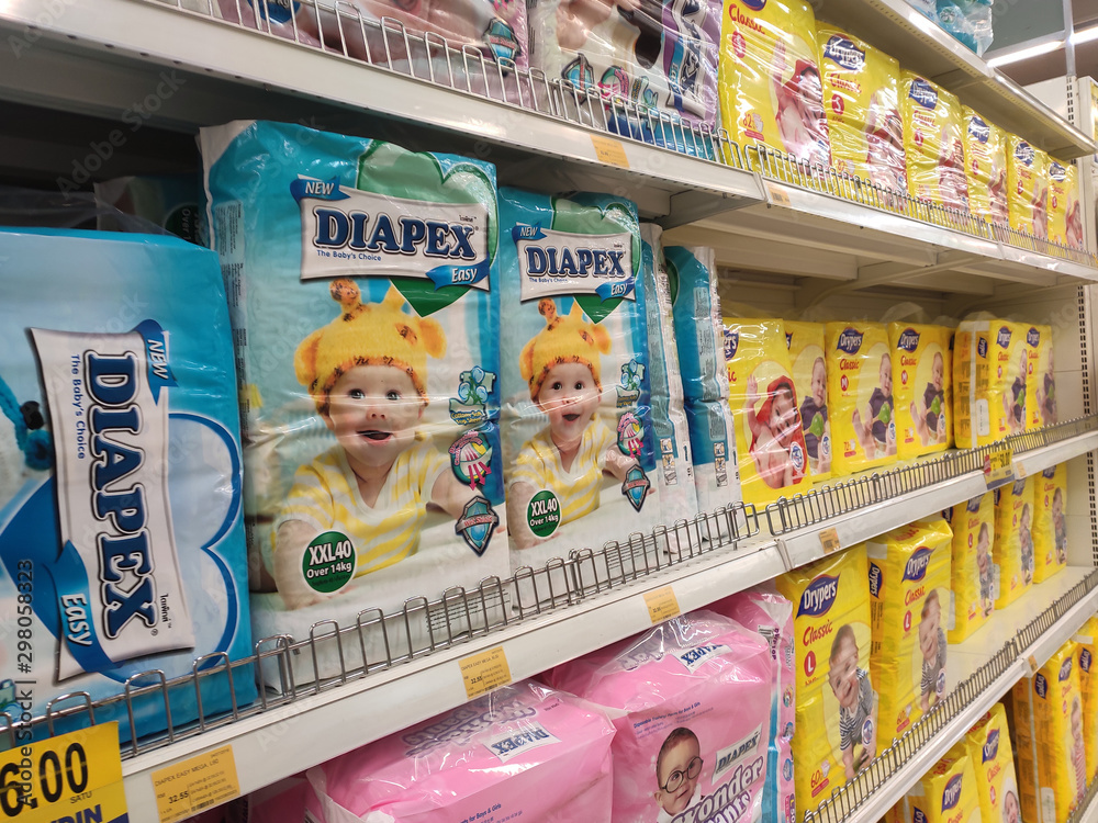 KUALA LUMPUR, MALAYSIA, JULY 15, 2019 Variety of diapers displayed on