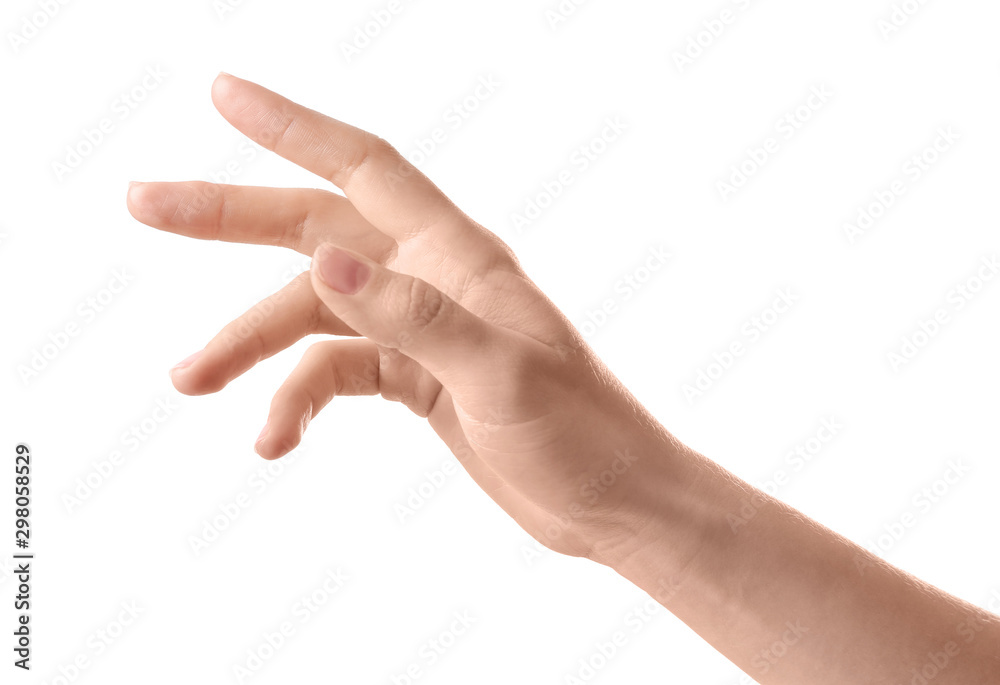 Woman holding hand on white background, closeup Woman holding hand on white background, closeup