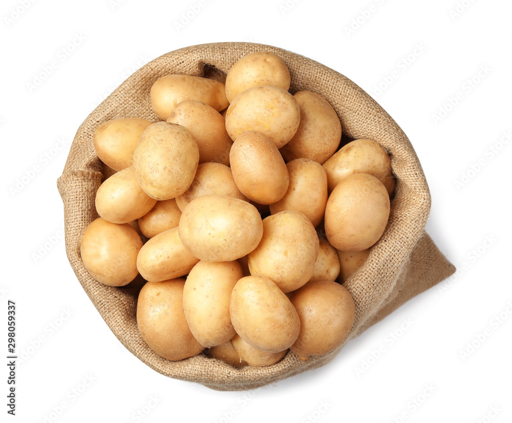 Raw fresh organic potatoes on white background, top view Raw fresh organic potatoes on white background, top view