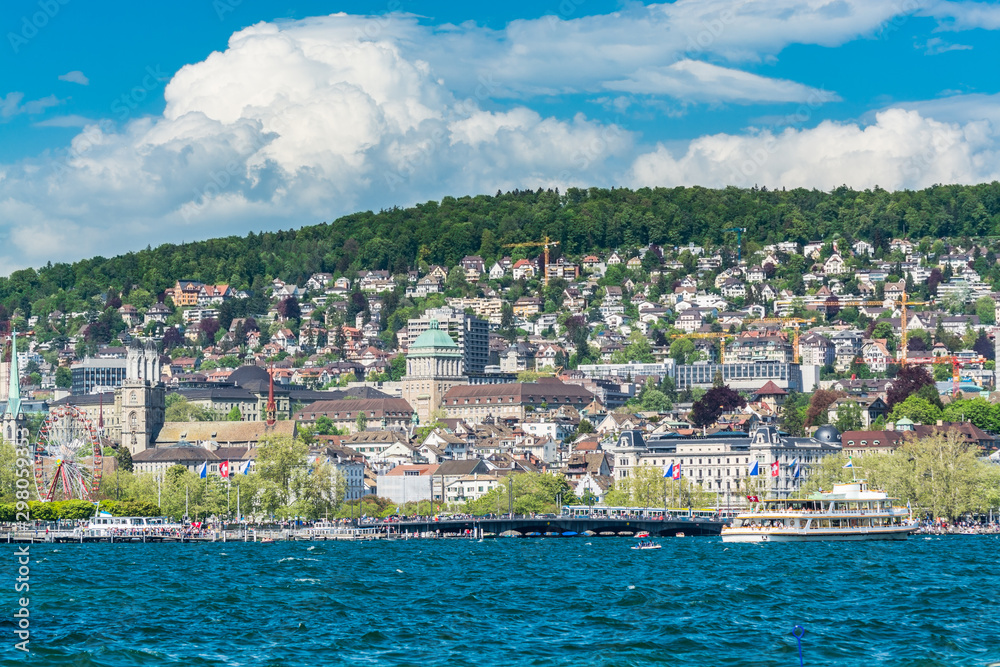 Beautiful view of lakeshore with buildings of Zurich lake, which is a lake in Switzerland, at the southeast of the city of Zurich.