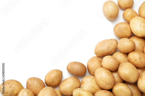 Raw fresh organic potatoes on white background, top view
