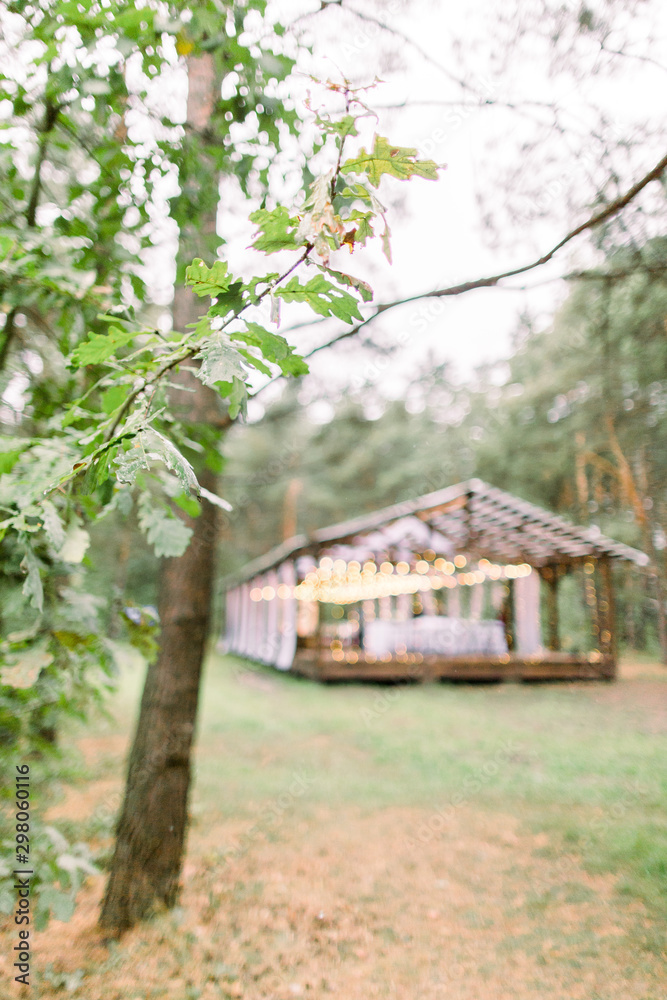 Blurred photo of wooden tent restaurant with wooden tables and chairs., decorated with light bulbs Vintage design of the restaurant in the forest in summer. Wedding reception in the open air. Blurred photo of wooden tent restaurant with wooden tables and chairs., decorated with light bulbs Vintage design of the restaurant in the forest in summer. Wedding reception in the open air.