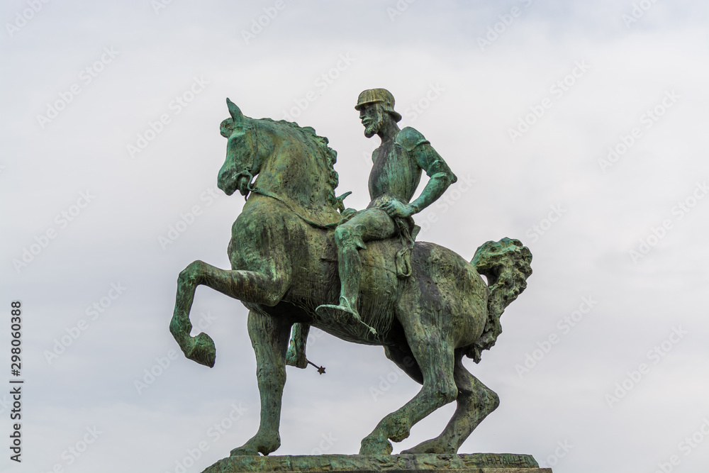 The monument to Hans Waldmann on the embankment of the Limmat river in the city of Zurich. Hans Waldmann was mayor of Zurich and a Swiss military leader.