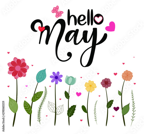 Hello May month with flowers and leaves. Decoration floral. Illustration month May