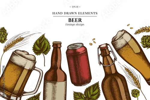 Floral design with colored rye, hop, mug of beer, bottles of beer, aluminum can