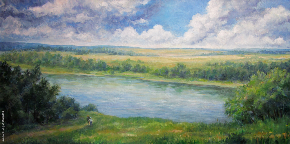 Volga river view in summer, oil painting