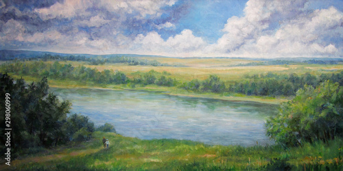 Volga river view in summer, oil painting