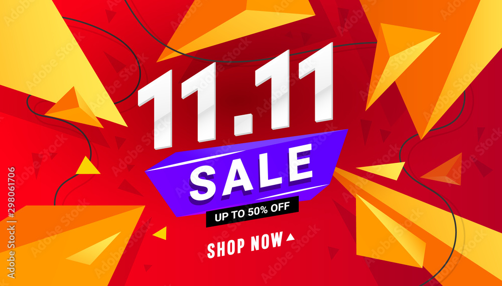 11.11 sale banner template design with triangular polygonal shapes on a red background for special offer, sale and discount - obrazy, fototapety, plakaty 