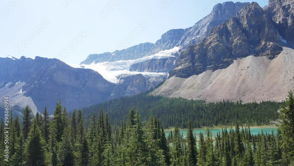 panning view of pine tree forest view with beautiful mountain range and clear blue sky in summer holiday with giant gracier in banff national park,Alberta,Canada