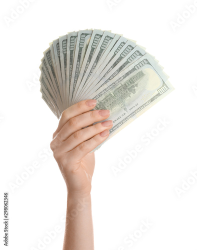 Woman with American money on white background, closeup