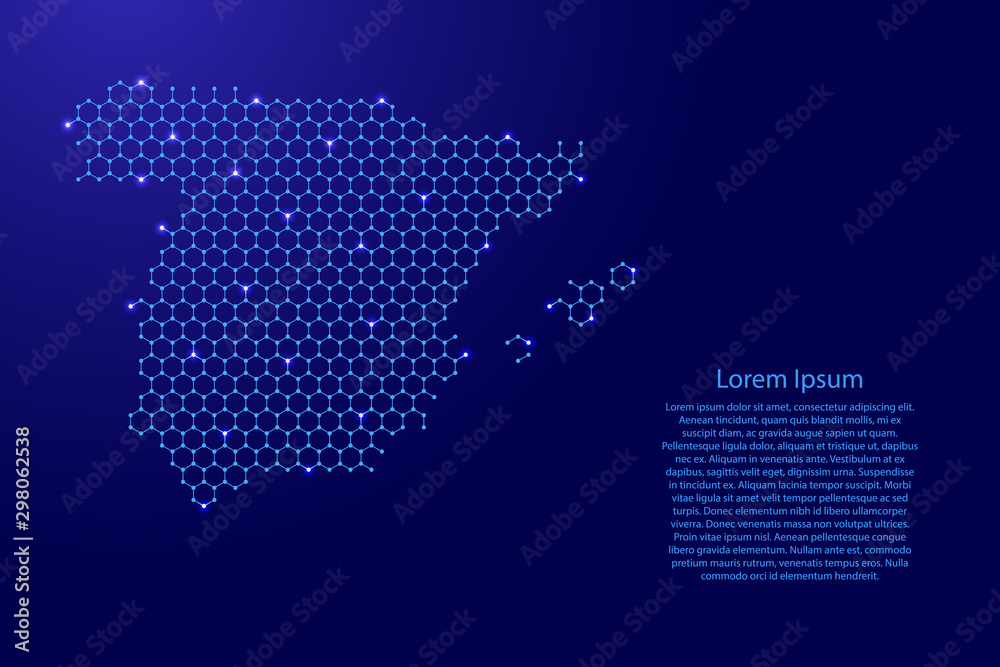 Spain map from futuristic hexagonal shapes, lines, points  blue and glowing stars in nodes, form of honeycomb or molecular structure for banner, poster, greeting card. Vector illustration.
