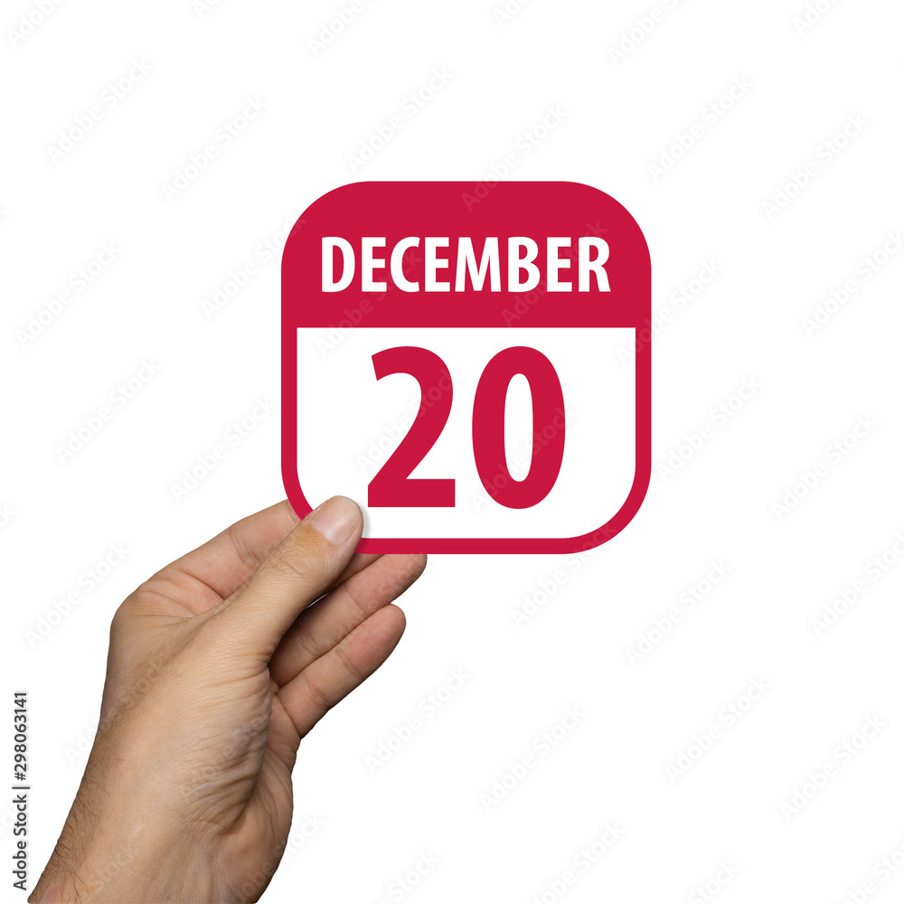 december 20th. Day 20 of month,hand hold simple calendar icon with date on  white background.