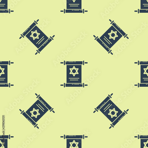 Blue Torah scroll icon isolated seamless pattern on yellow background. Jewish Torah in expanded form. Star of David symbol. Old parchment scroll. Vector Illustration