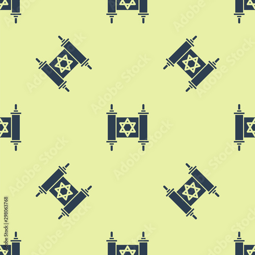Blue Torah scroll icon isolated seamless pattern on yellow background. Jewish Torah in expanded form. Star of David symbol. Old parchment scroll. Vector Illustration