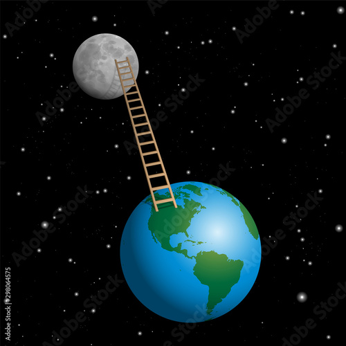 Ladder from earth to moon. Vector illustration on starry black cosmic background.