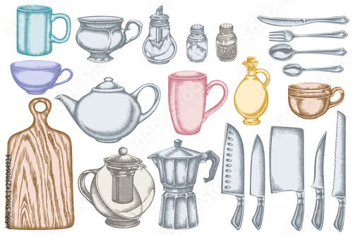 Vector set of hand drawn pastel Chef's knifes, teaspoon, spoon, fork, knife, cutting board, bottle of oil, teapots, coffee pot, cups, sugar bowl, pepper shaker, salt shaker